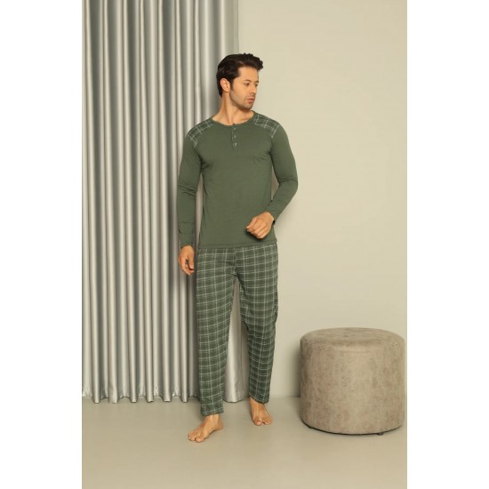 Nawara Mega Store Dört Mevsim Bisiklet Yaka 3 Düğmeli Penye Erkek Pijama Takımı-N