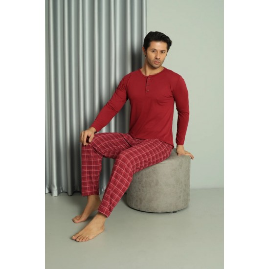 Nawara Mega Store Dört Mevsim Bisiklet Yaka 3 Düğmeli Penye Erkek Pijama Takımı-N